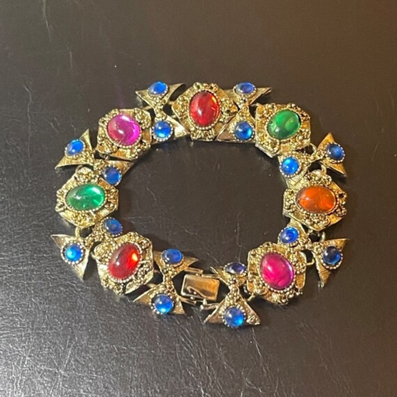 70s MOGHUL Gripoix Glow Etruscan Egyptian Bracelet Vintage Runway - Picture 5 of 5